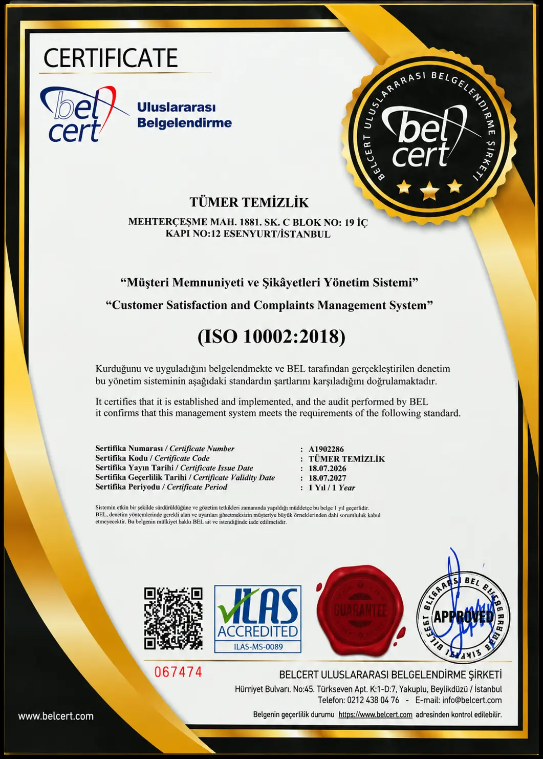ISO 10002 müşteri memnuniyeti sertifikası
