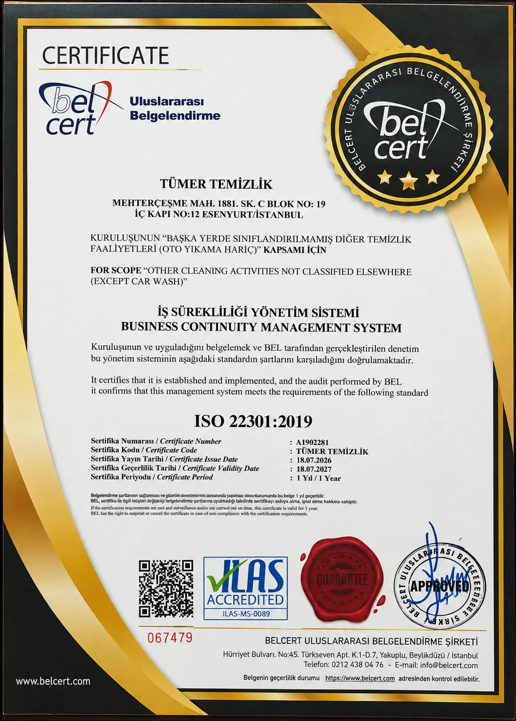 ISO 22301 iş sürekliliği yönetim sistemi sertifikası